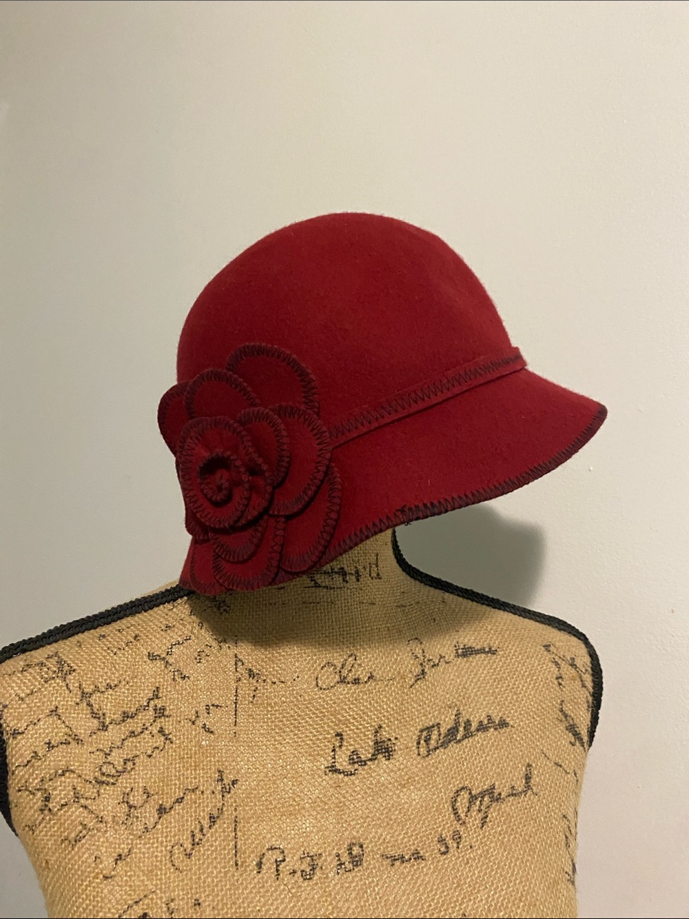 Classic Red Wool Cloche Hat with Floral Accent